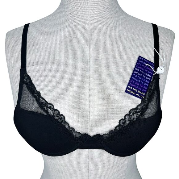 NWT Pepper Laidback Lace Bra sz 32AA * Black Underwire Mesh Overlay Lace Band